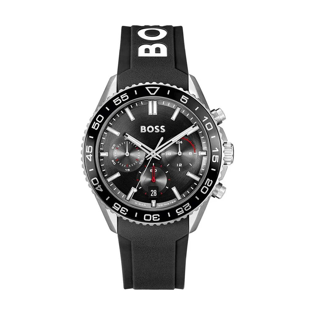 BOSS Cadran chronographe noir Runner (43 mm) pour hommes / bracelet en silicone noir