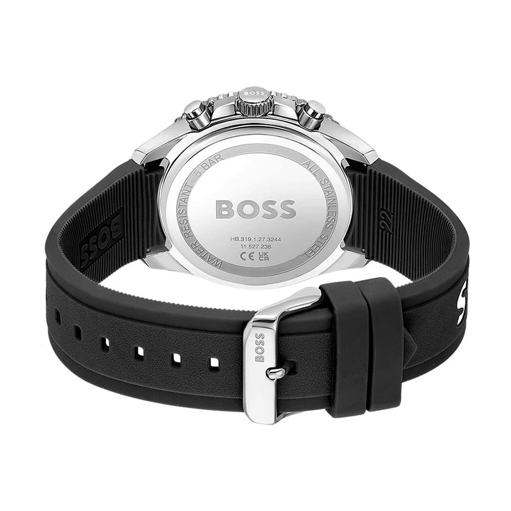 BOSS Cadran chronographe noir Runner (43 mm) pour hommes / bracelet en silicone noir