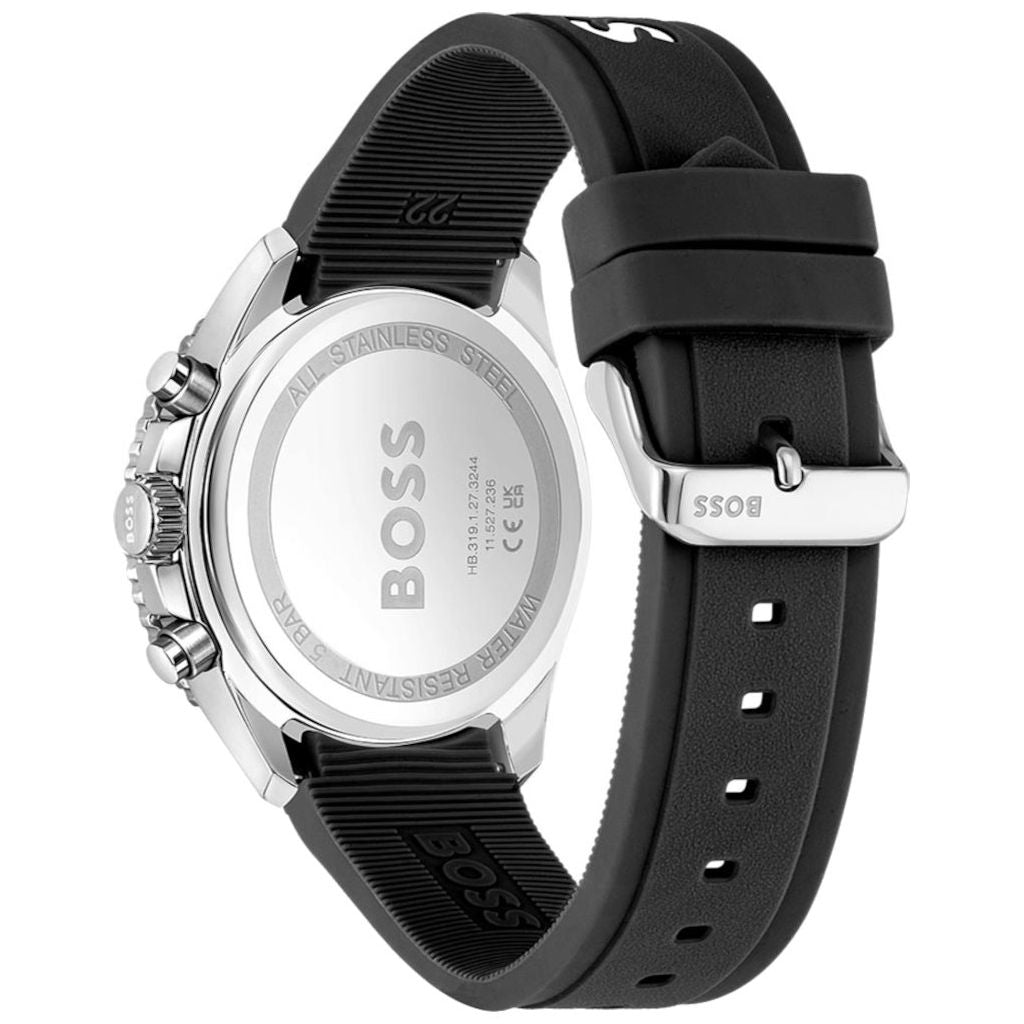 BOSS Cadran chronographe noir Runner (43 mm) pour hommes / bracelet en silicone noir