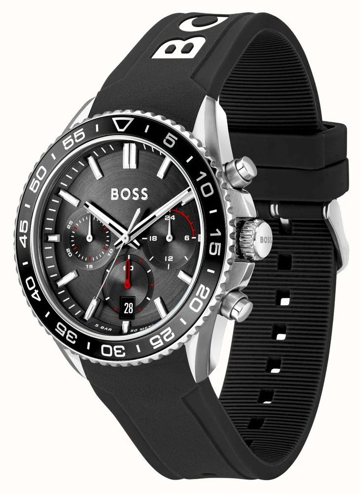 BOSS Cadran chronographe noir Runner (43 mm) pour hommes / bracelet en silicone noir